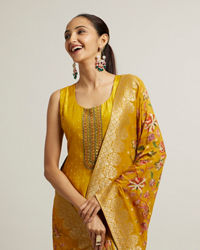 Mohey Women Mustard Yellow Sequin Embellished Suit with Floral Duapatta