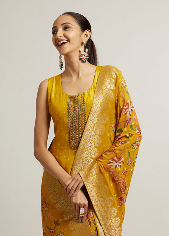 Mohey Women Mustard Yellow Sequin Embellished Suit with Floral Duapatta