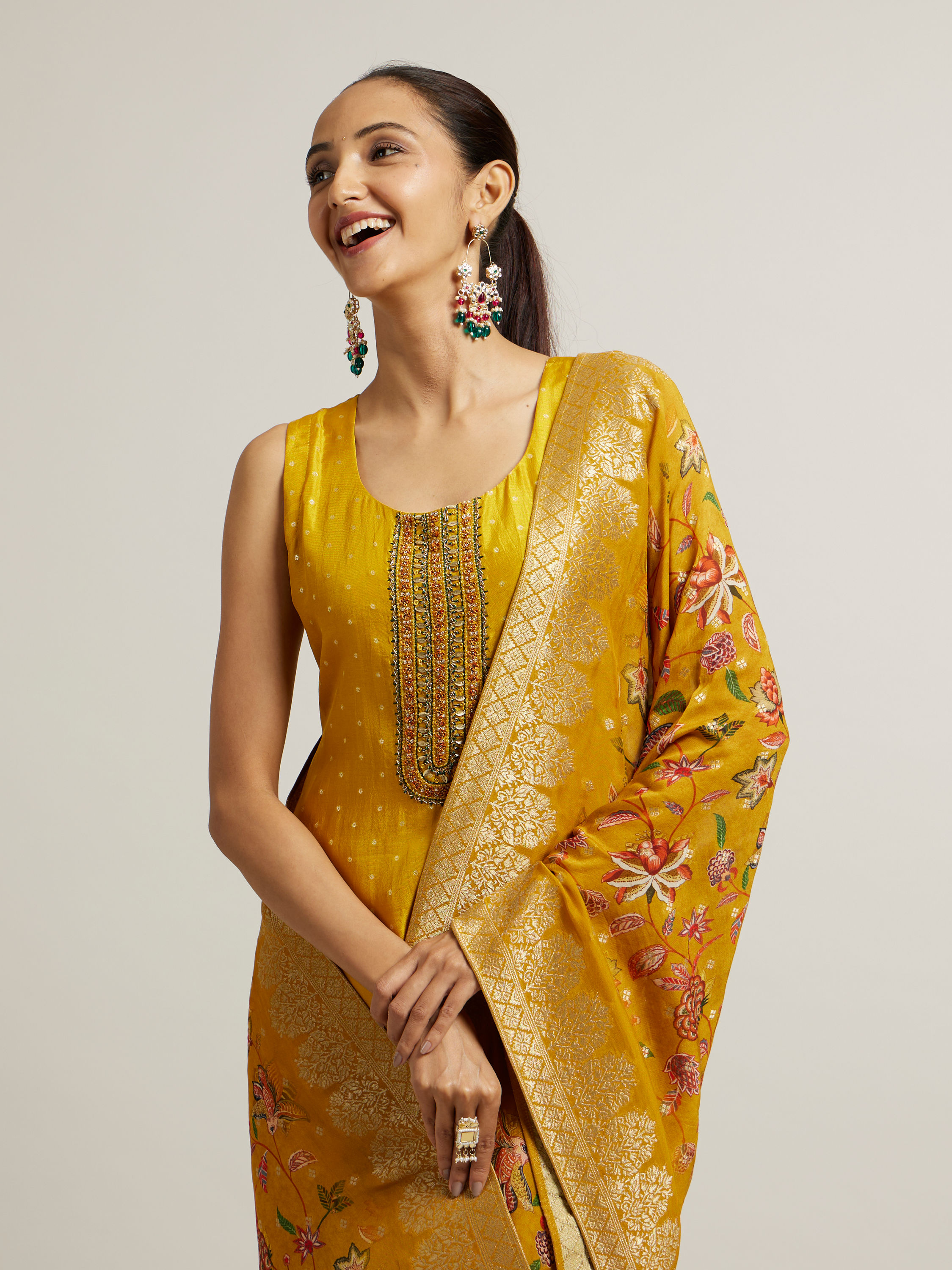Mohey Women Mustard Yellow Sequin Embellished Suit with Floral Duapatta