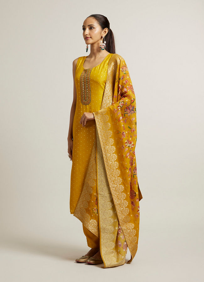 Mohey Women Mustard Yellow Sequin Embellished Suit with Floral Duapatta