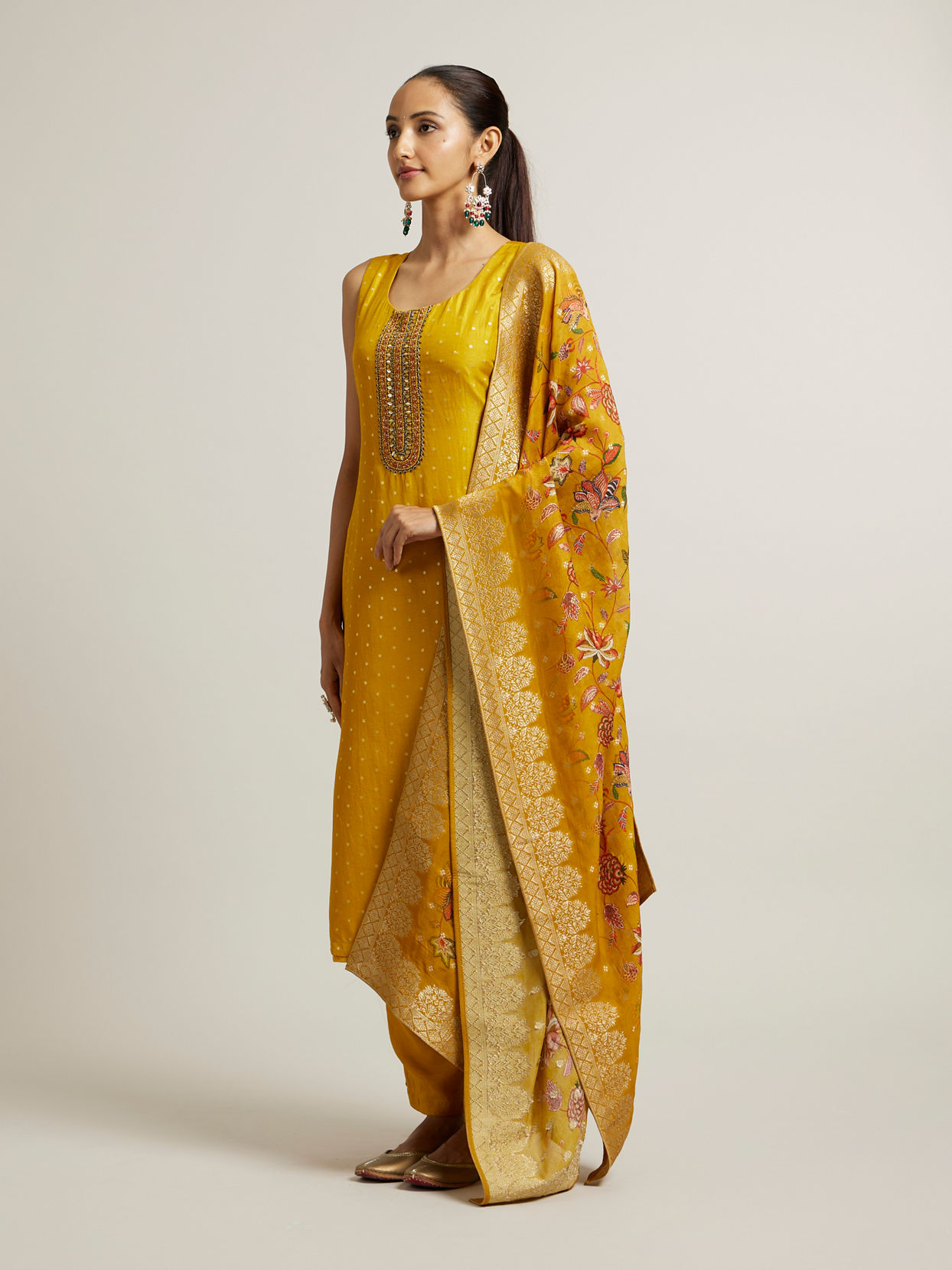 Mohey Women Mustard Yellow Sequin Embellished Suit with Floral Duapatta
