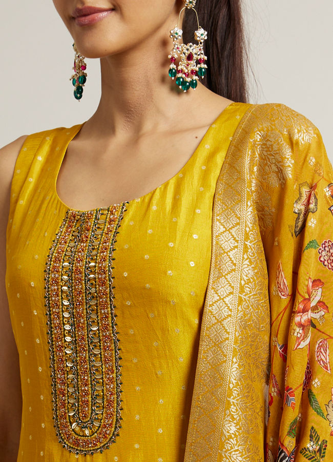 Mohey Women Mustard Yellow Sequin Embellished Suit with Floral Duapatta