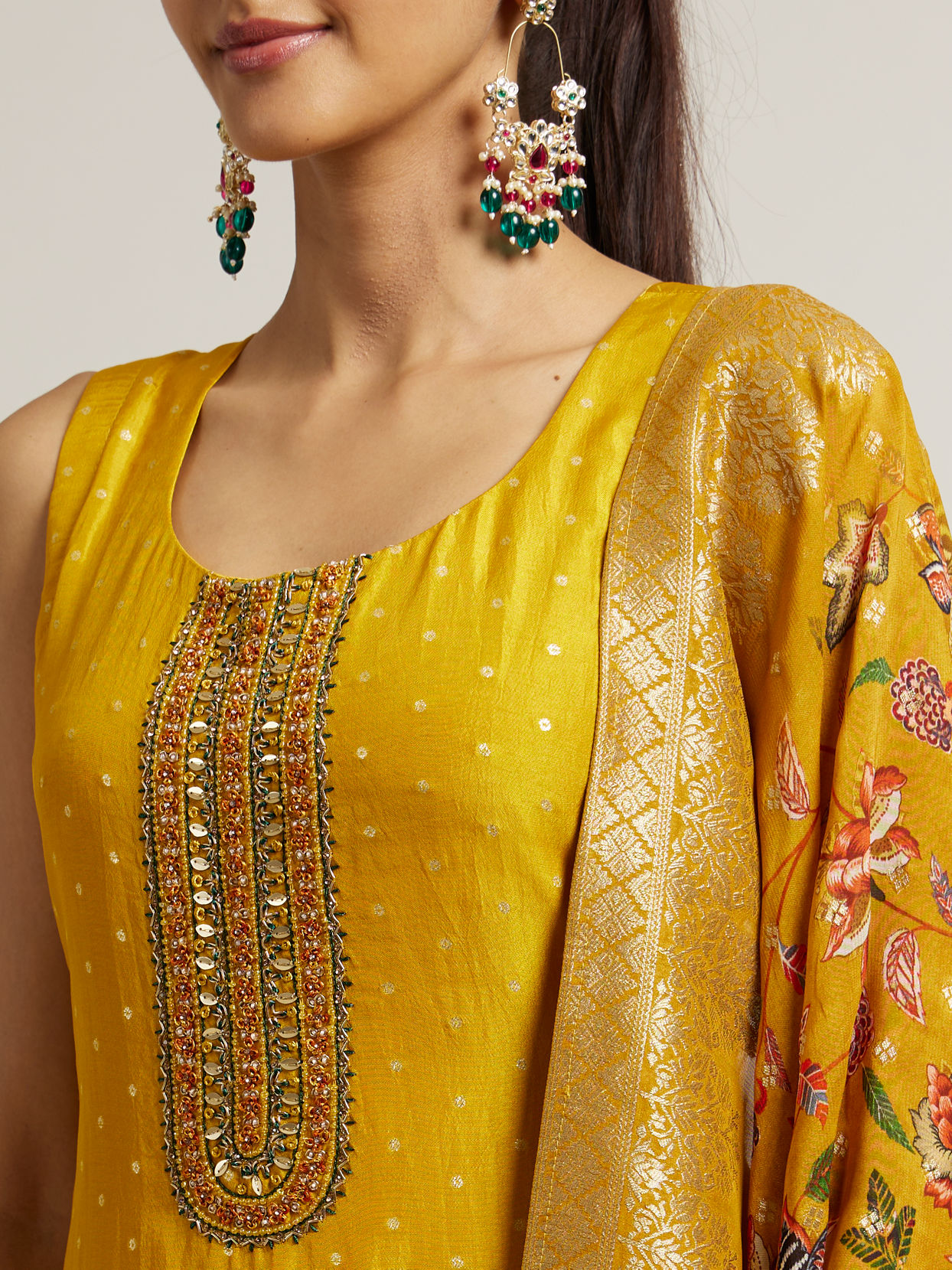 Mohey Women Mustard Yellow Sequin Embellished Suit with Floral Duapatta
