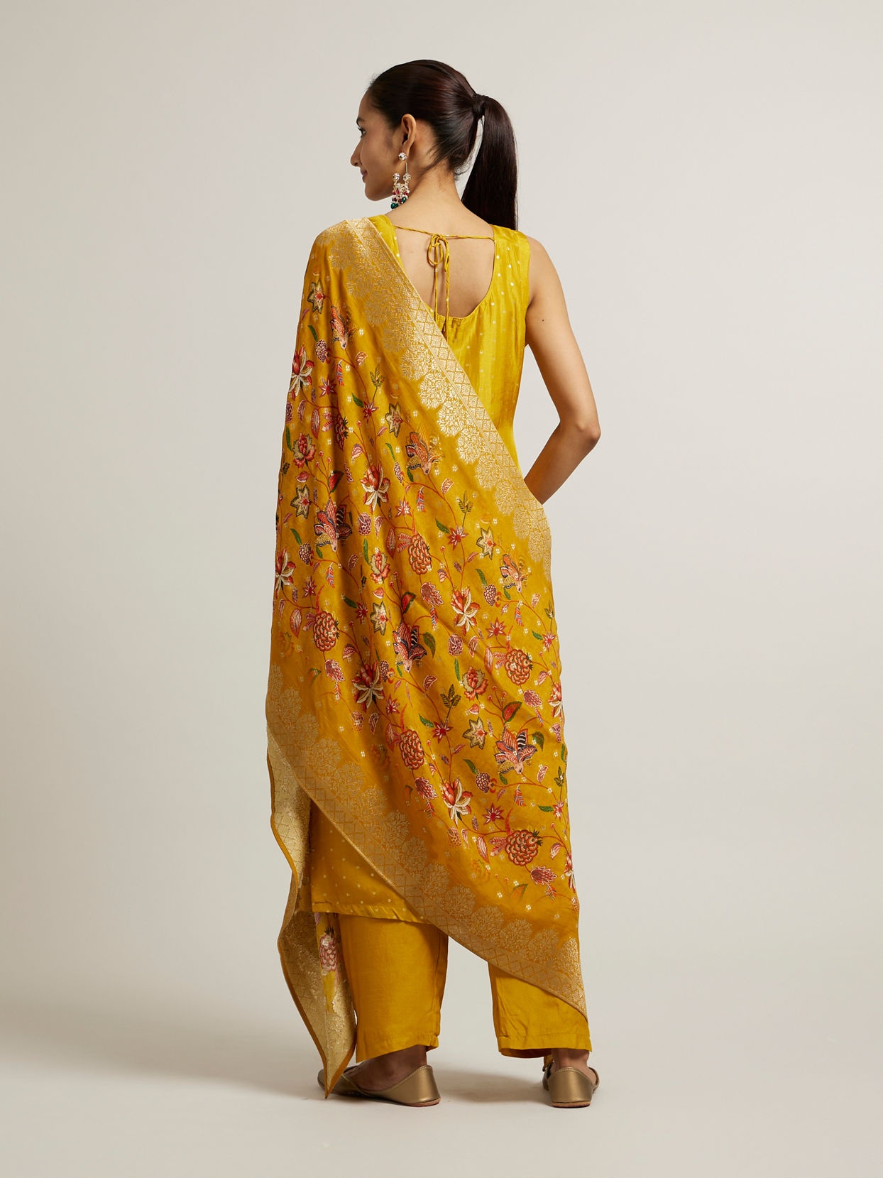 Mohey Women Mustard Yellow Sequin Embellished Suit with Floral Duapatta