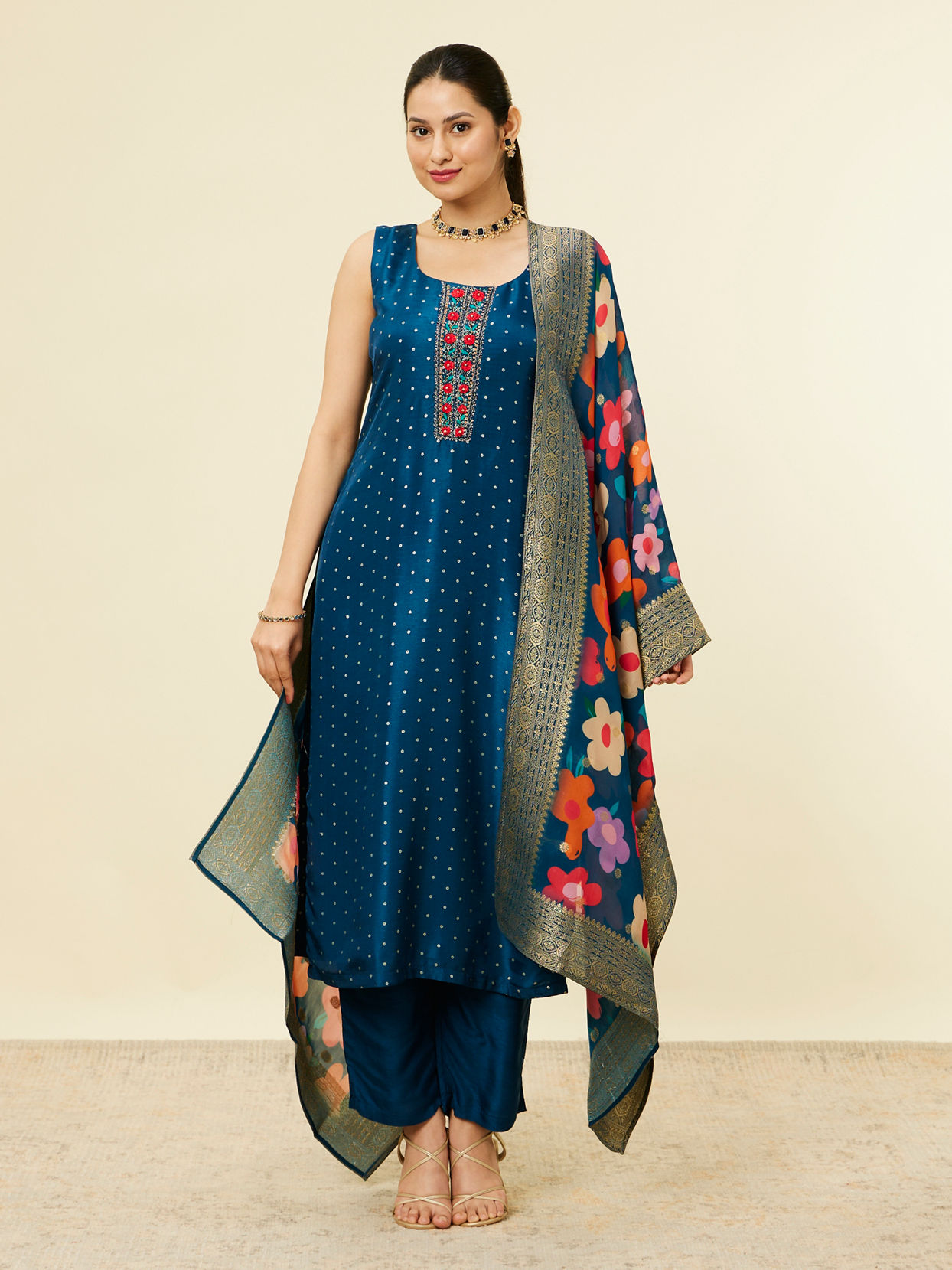 Buy Teal Blue Floral Patterned Sequined Suit Online in India @Mohey ...