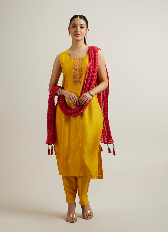 Mohey Women Mustard Art Silk Straight Suit with Zardosi Work