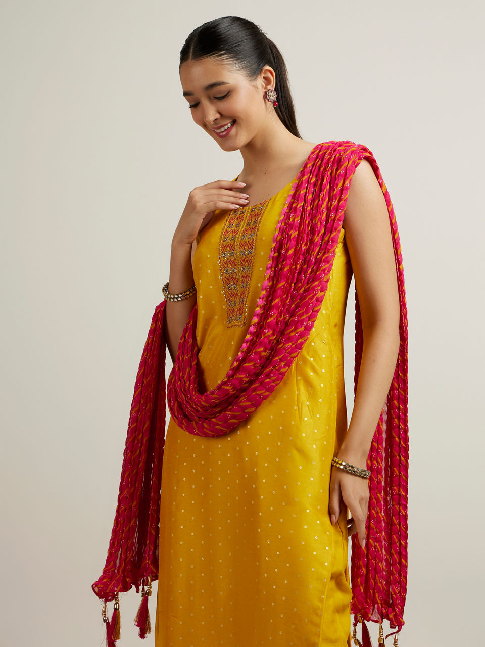 Mohey Women Mustard Art Silk Straight Suit with Zardosi Work