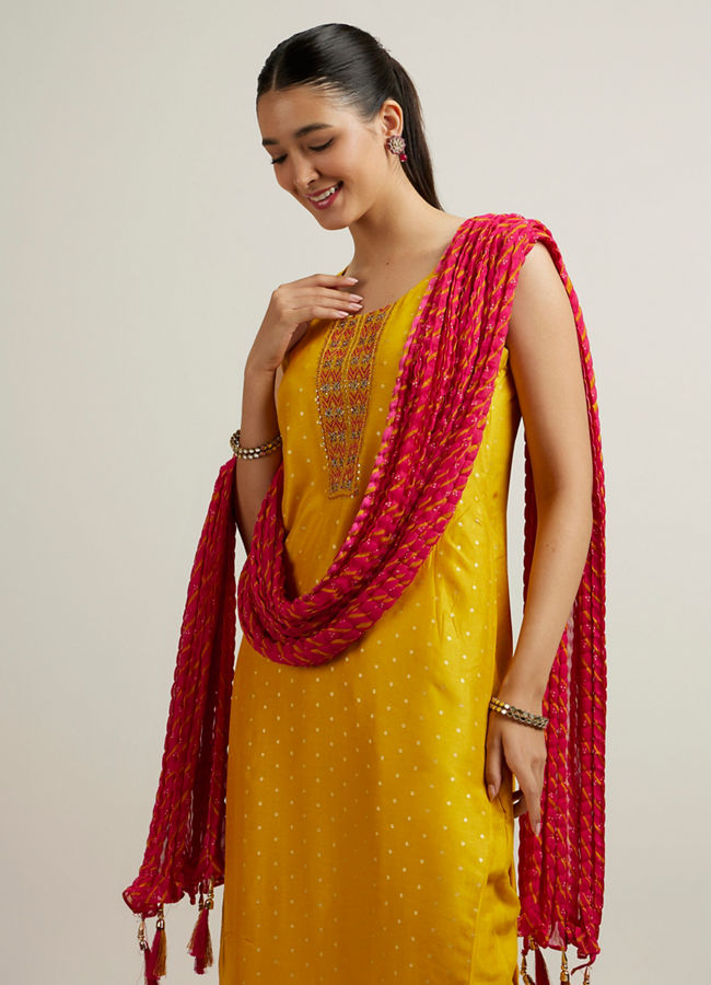 Mohey Women Mustard Art Silk Straight Suit with Zardosi Work