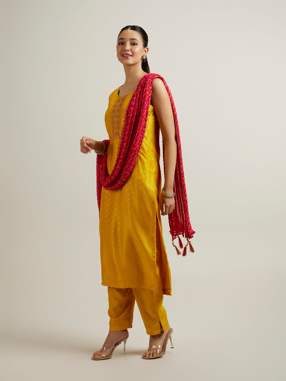 Mohey Women Mustard Art Silk Straight Suit with Zardosi Work