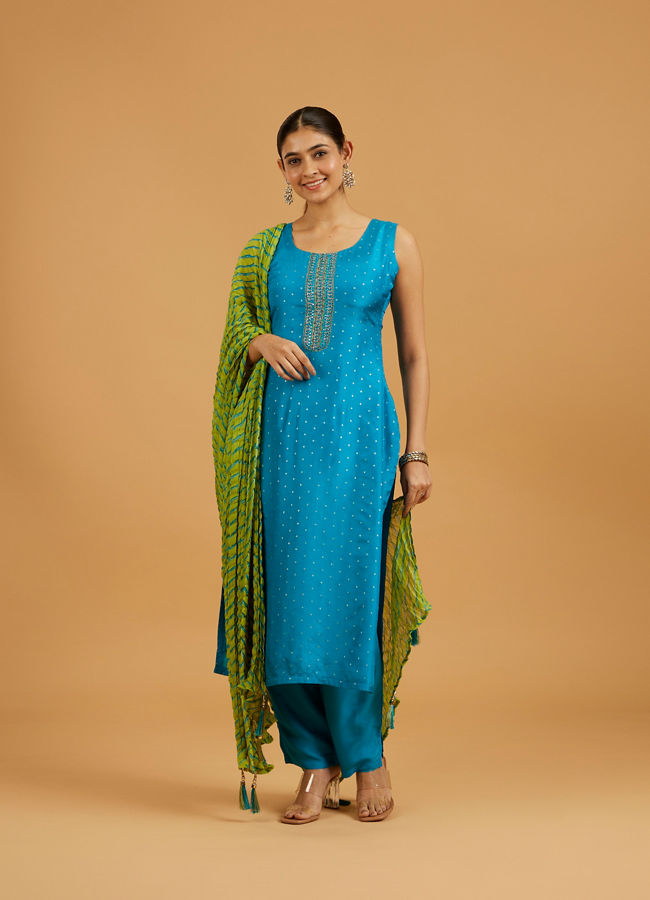 Mohey Women Teal Blue Sequinned Straight Suit Set with Leheriya Dupatta