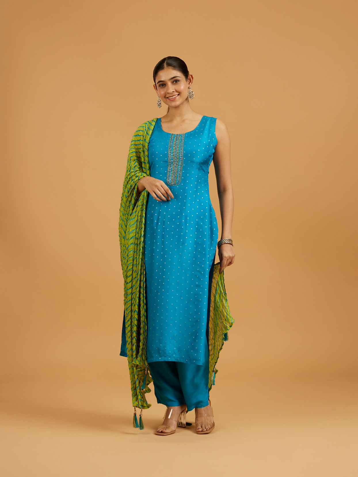 Mohey Women Teal Blue Sequinned Straight Suit Set with Leheriya Dupatta