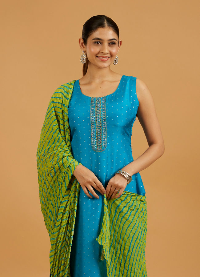 Mohey Women Teal Blue Sequinned Straight Suit Set with Leheriya Dupatta
