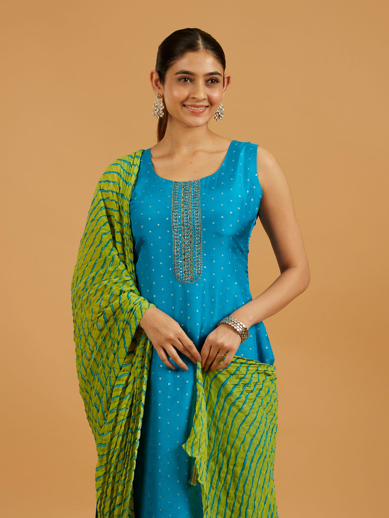 Mohey Women Teal Blue Sequinned Straight Suit Set with Leheriya Dupatta