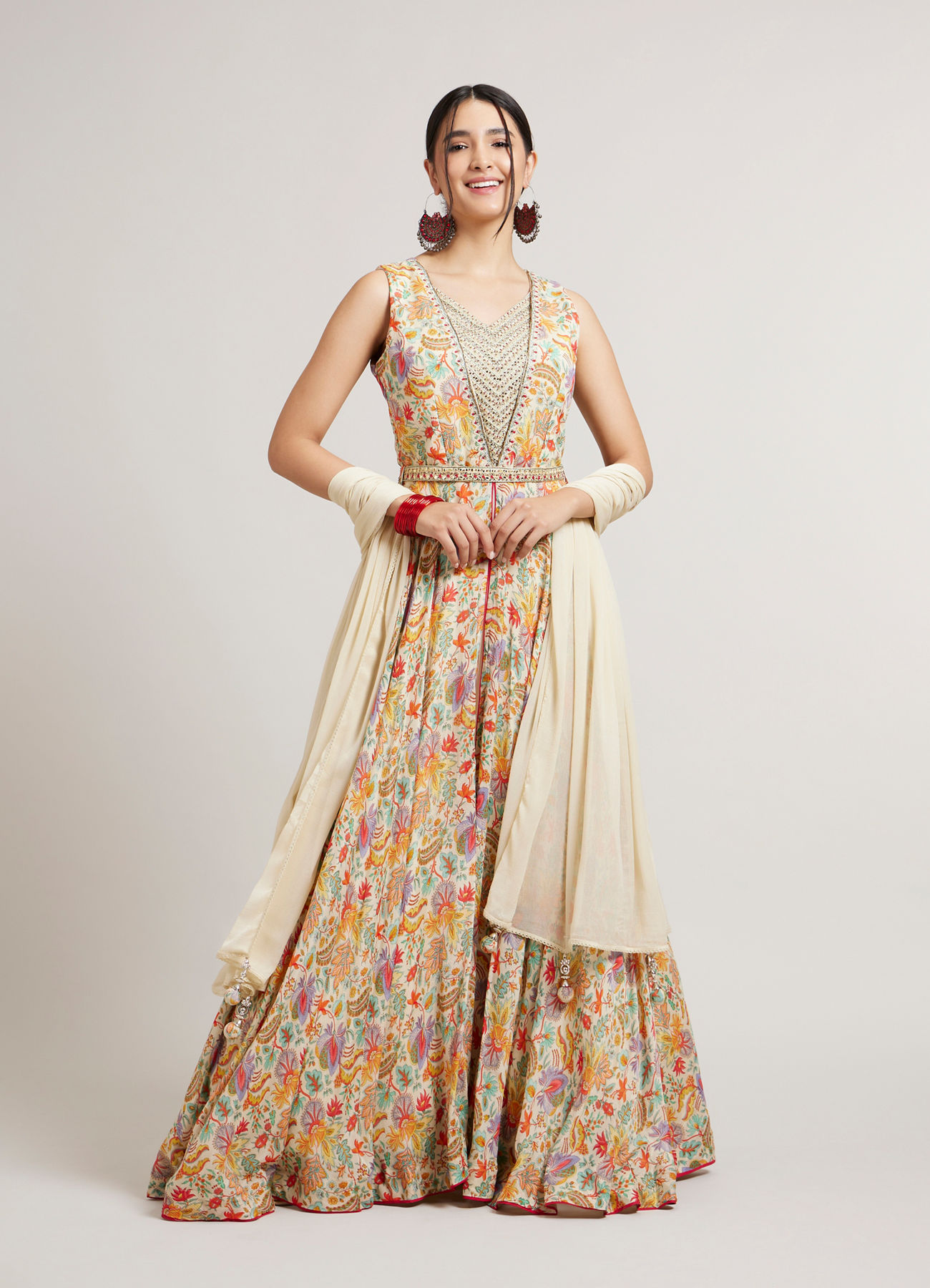 Mohey Women Dark Cream Floral Printed Anarkali with Embroidered Neckline & Belt