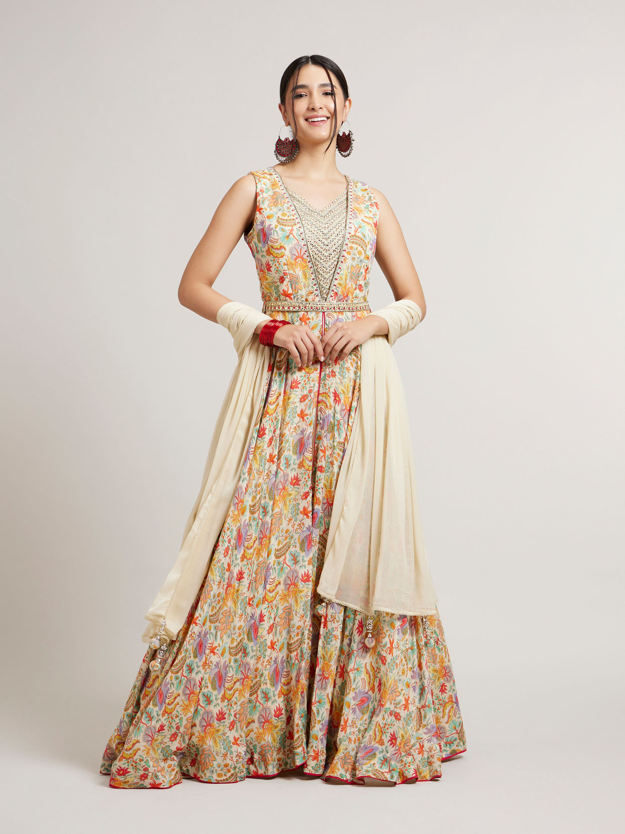 Mohey Women Dark Cream Floral Printed Anarkali with Embroidered Neckline & Belt