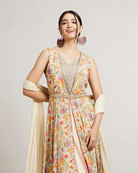 Mohey Women Dark Cream Floral Printed Anarkali with Embroidered Neckline & Belt
