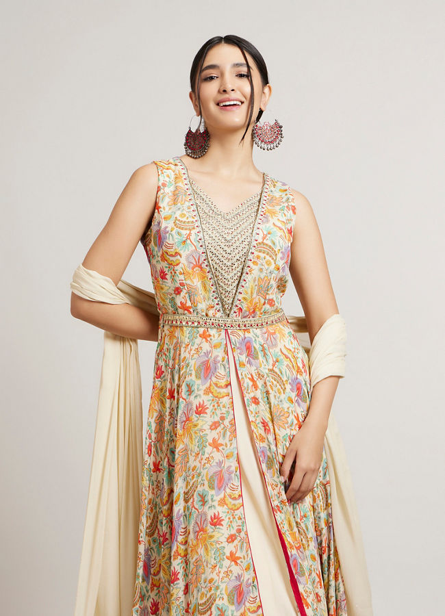 Mohey Women Dark Cream Floral Printed Anarkali with Embroidered Neckline & Belt