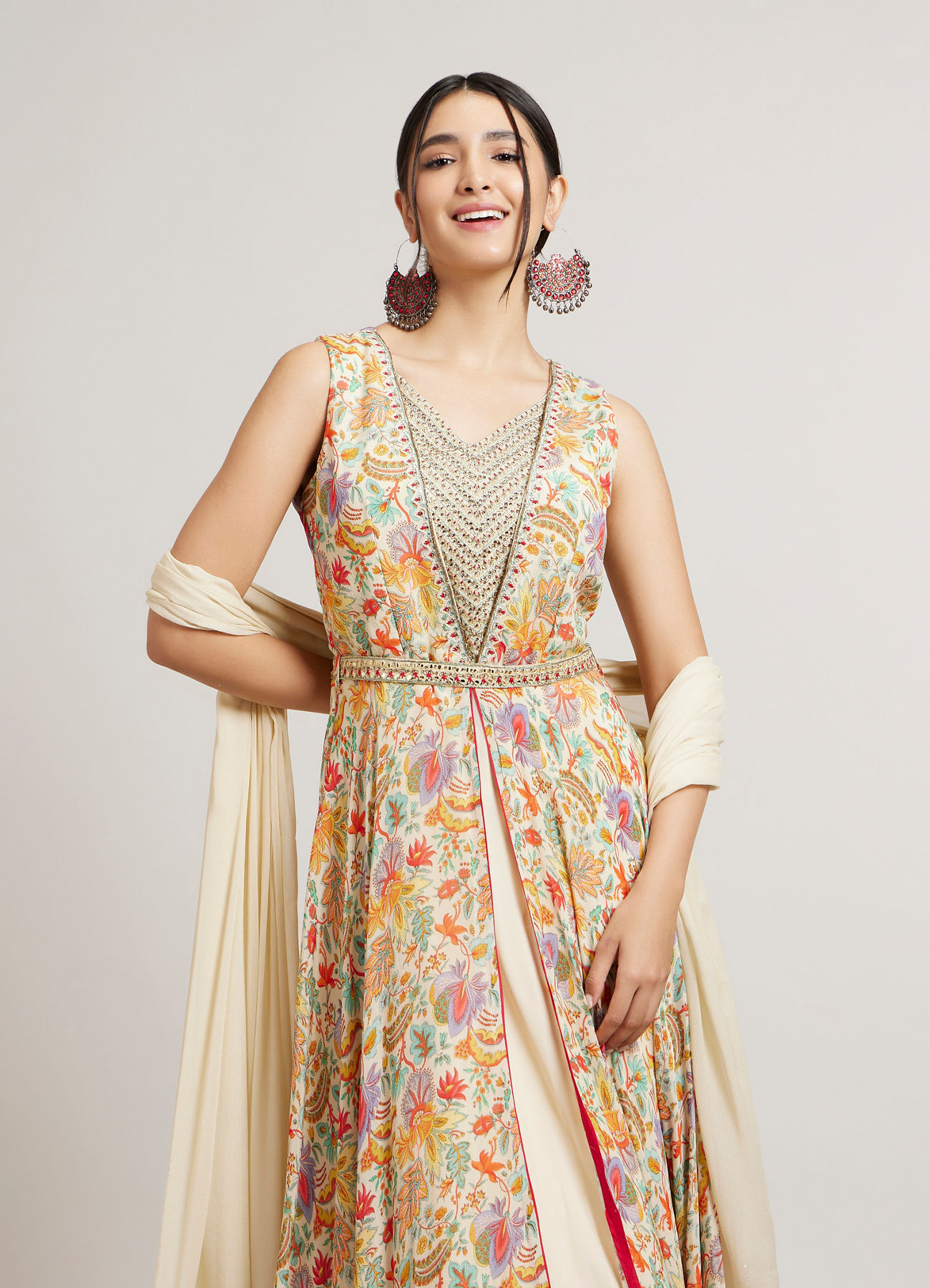Mohey Women Dark Cream Floral Printed Anarkali with Embroidered Neckline & Belt