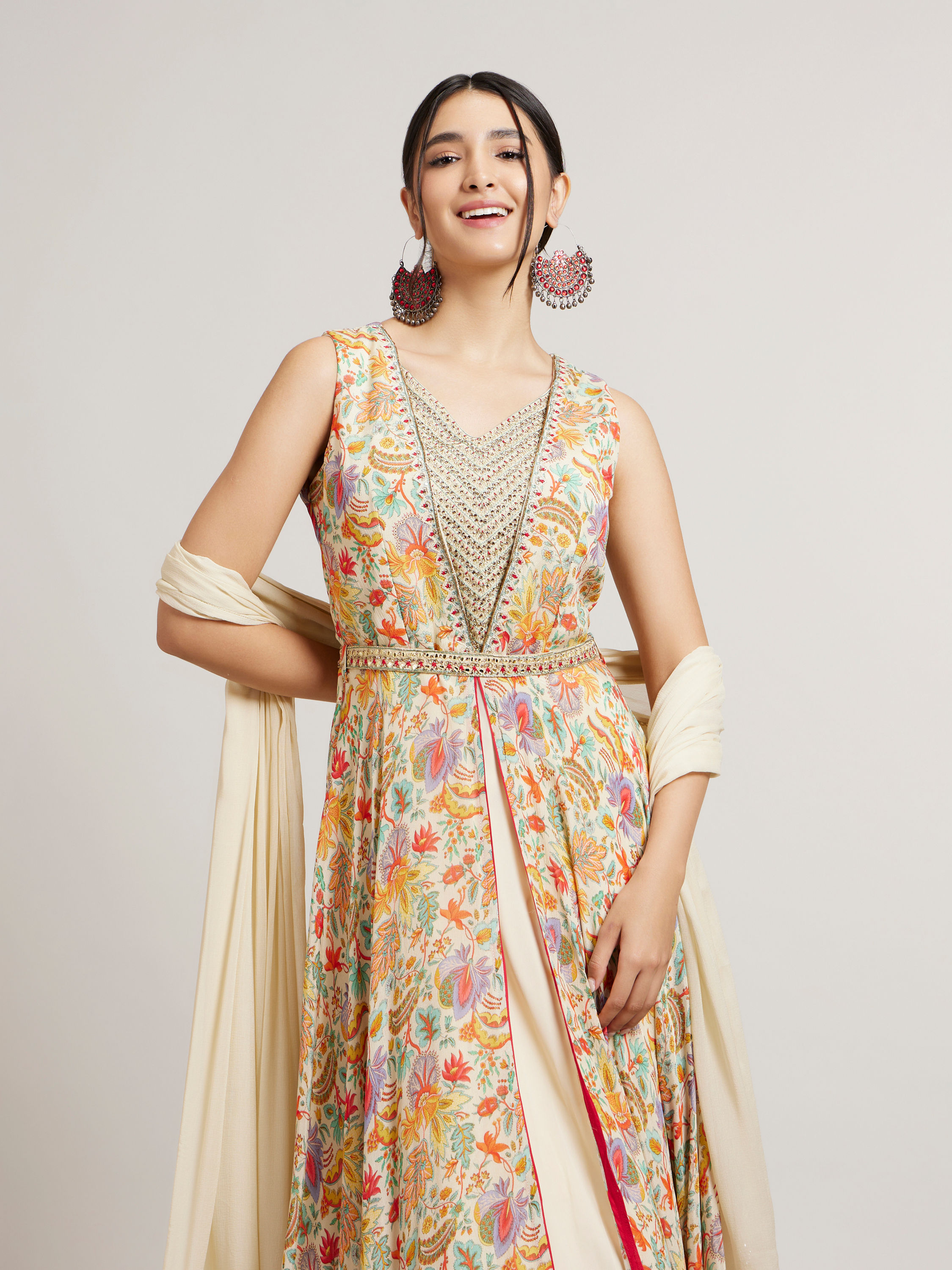 Mohey Women Dark Cream Floral Printed Anarkali with Embroidered Neckline & Belt