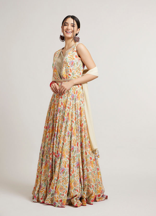 Mohey Women Dark Cream Floral Printed Anarkali with Embroidered Neckline & Belt