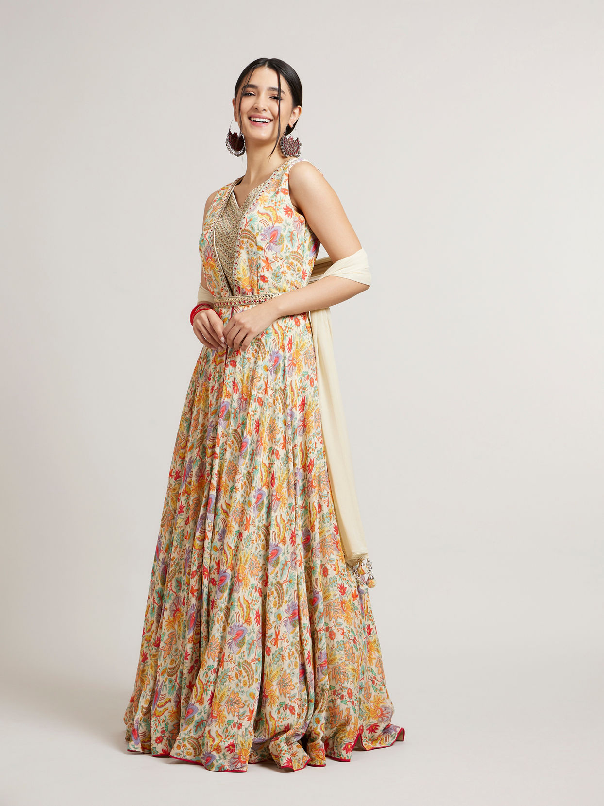 Mohey Women Dark Cream Floral Printed Anarkali with Embroidered Neckline & Belt