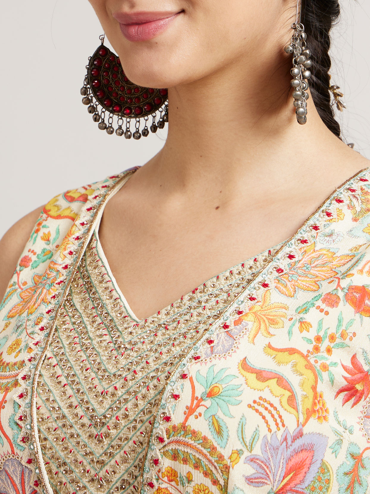 Mohey Women Dark Cream Floral Printed Anarkali with Embroidered Neckline & Belt