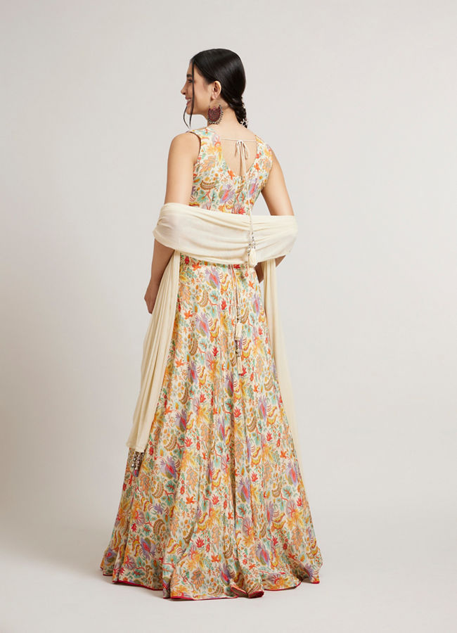 Mohey Women Dark Cream Floral Printed Anarkali with Embroidered Neckline & Belt