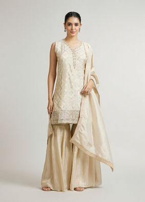 Mohey Women Soft Beige Ogee Patterned Sharara Suit Set with Sequin Work