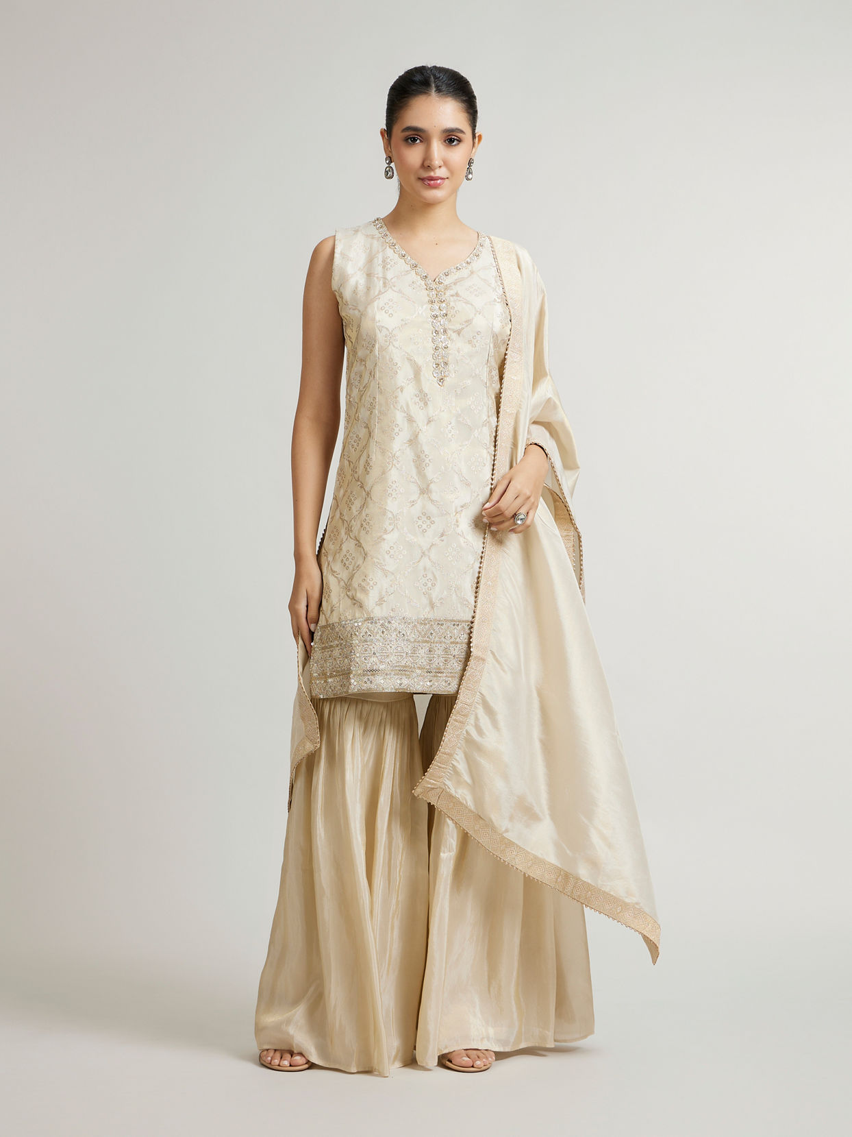 Mohey Women Soft Beige Ogee Patterned Sharara Suit Set with Sequin Work
