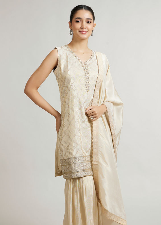 Mohey Women Soft Beige Ogee Patterned Stitched Suit Set with Sequin Work