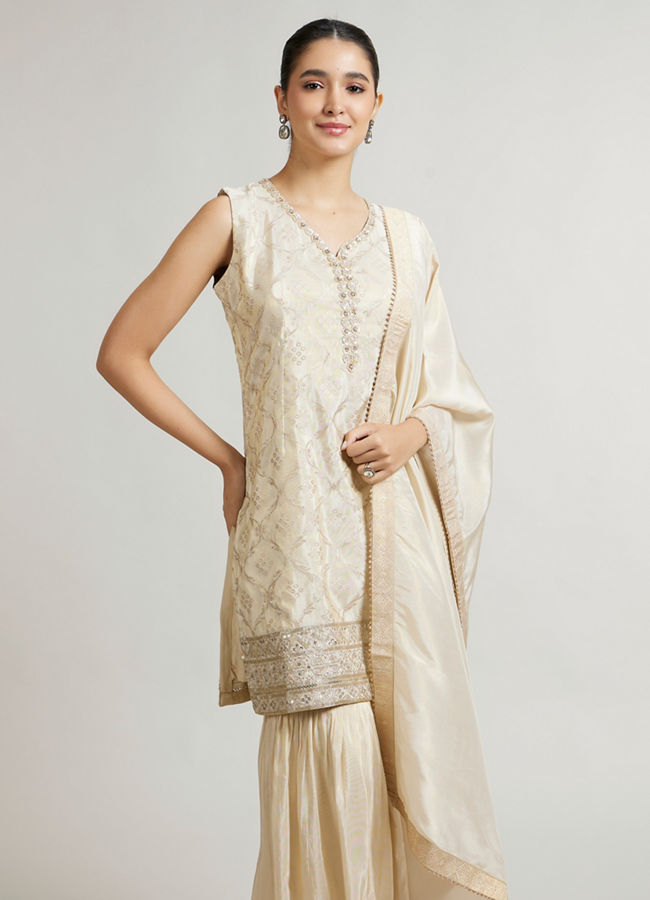 Mohey Women Soft Beige Ogee Patterned Sharara Suit Set with Sequin Work