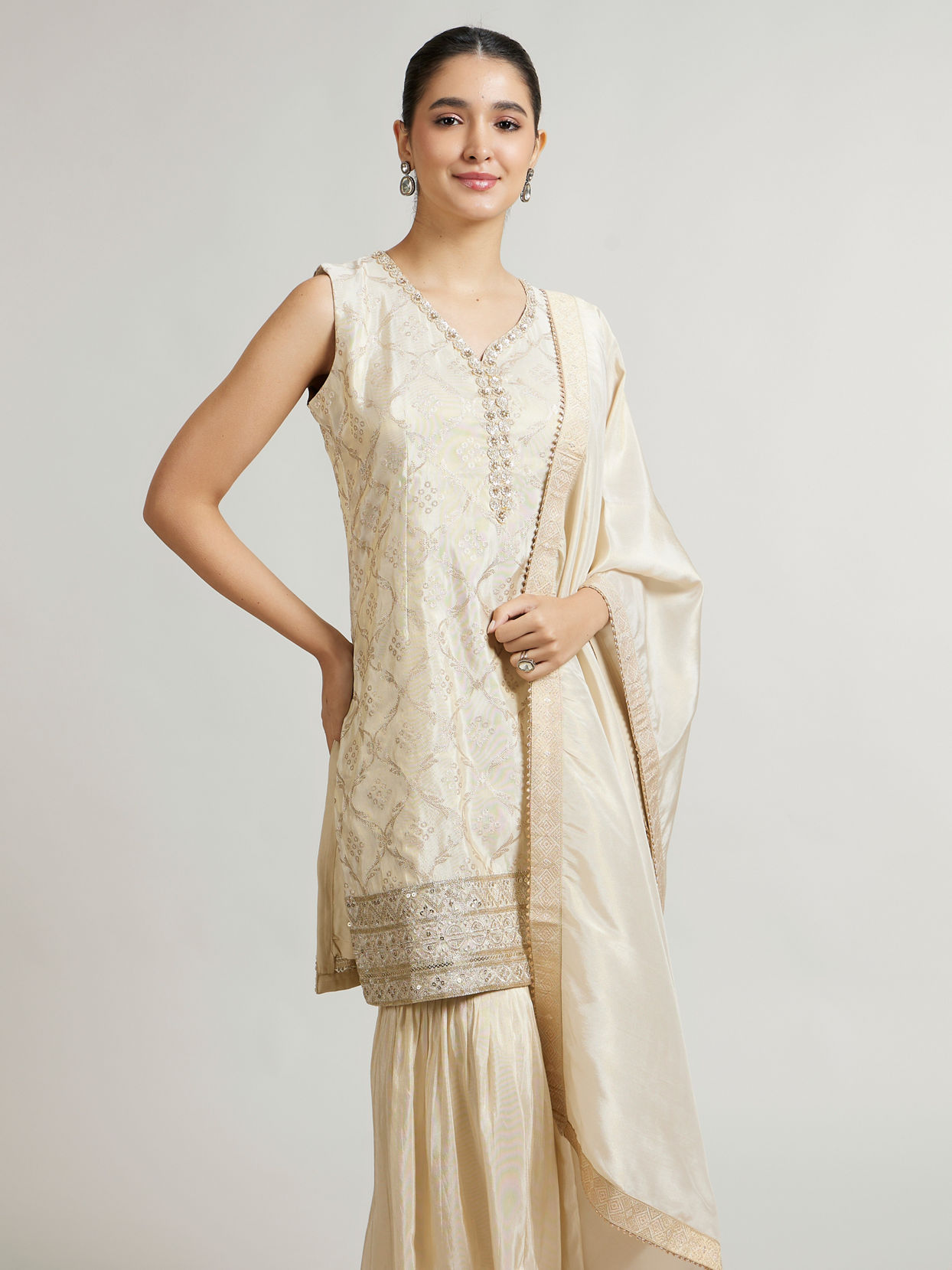 Mohey Women Soft Beige Ogee Patterned Sharara Suit Set with Sequin Work