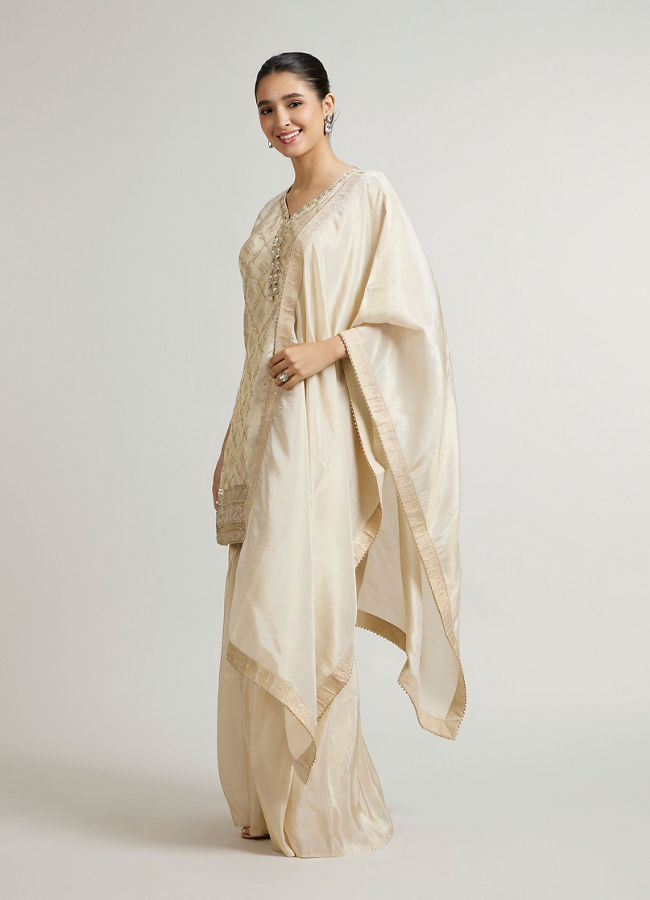 Mohey Women Soft Beige Ogee Patterned Sharara Suit Set with Sequin Work
