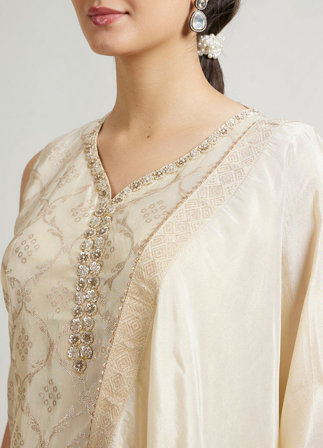 Mohey Women Soft Beige Ogee Patterned Sharara Suit Set with Sequin Work