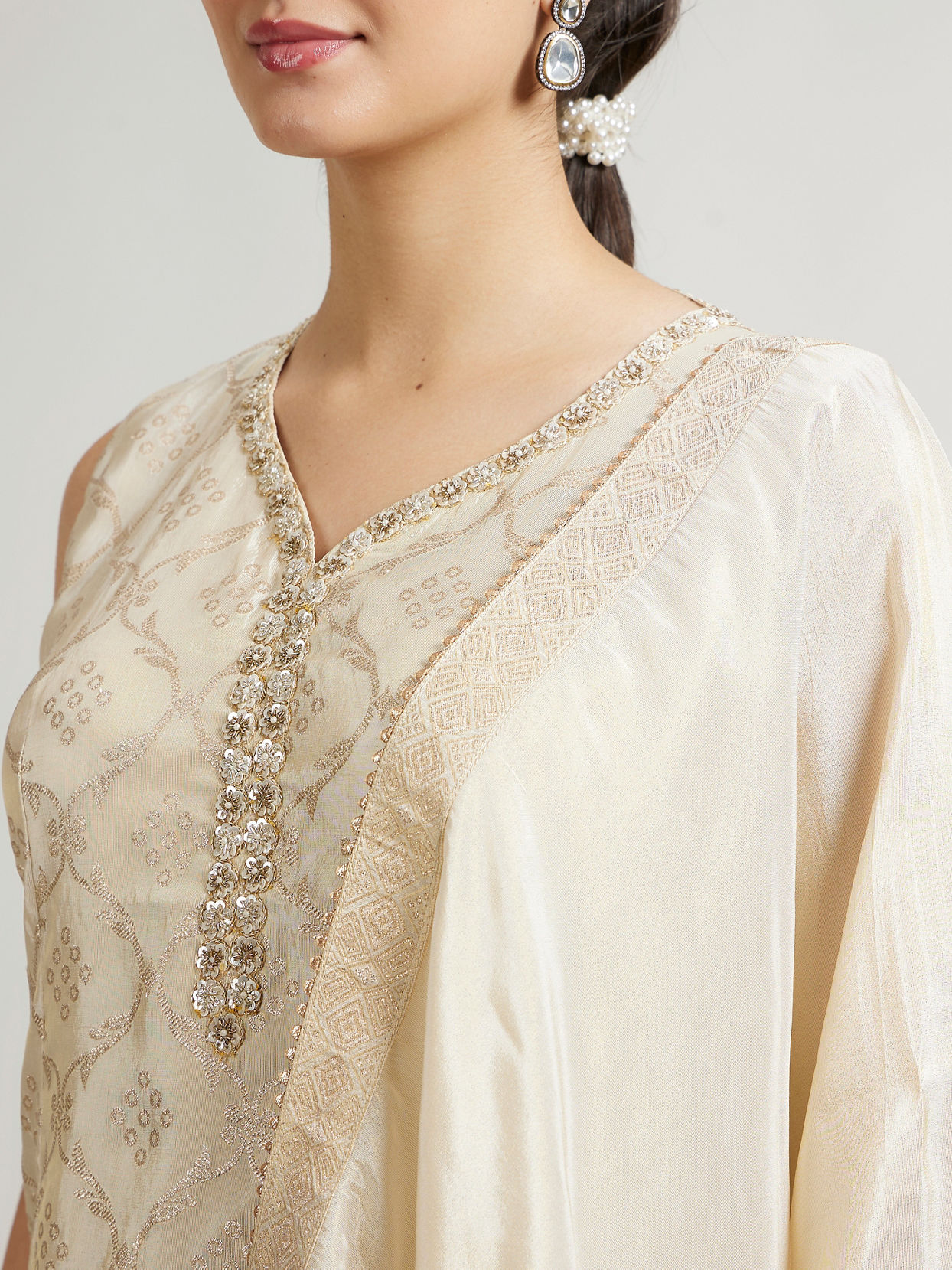 Mohey Women Soft Beige Ogee Patterned Sharara Suit Set with Sequin Work