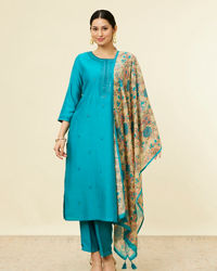 Mohey Women Teal Blue Bel Buti Patterned Stitched Suit