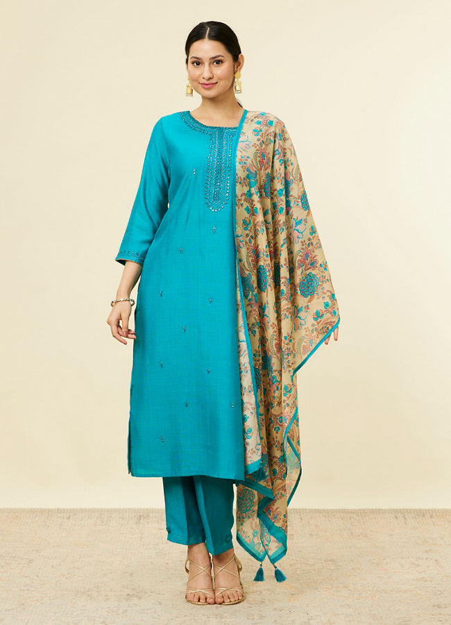 alt message - Mohey Women Teal Blue Bel Buti Patterned Stitched Suit image number 0