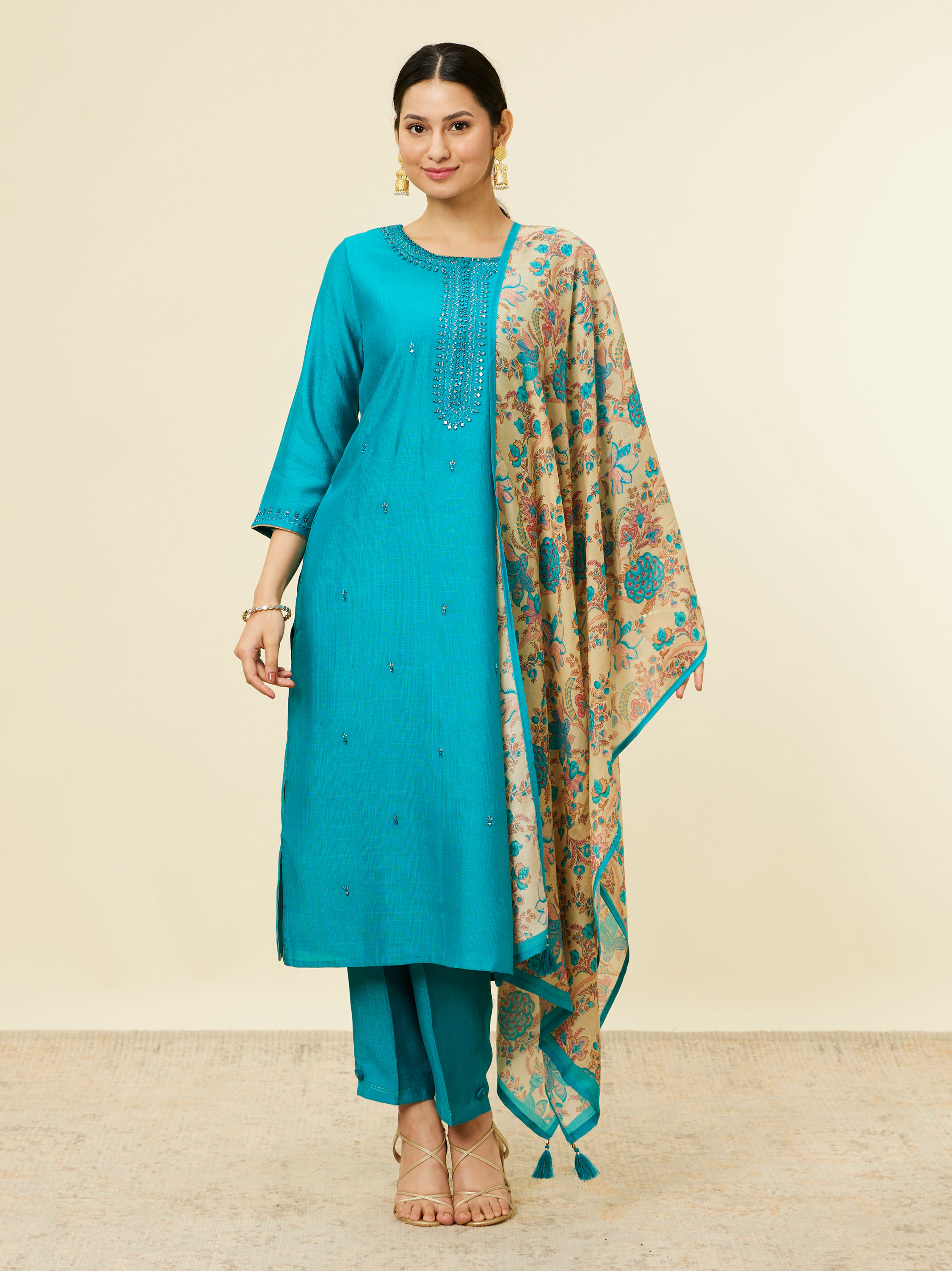 Mohey Women Teal Blue Bel Buti Patterned Stitched Suit