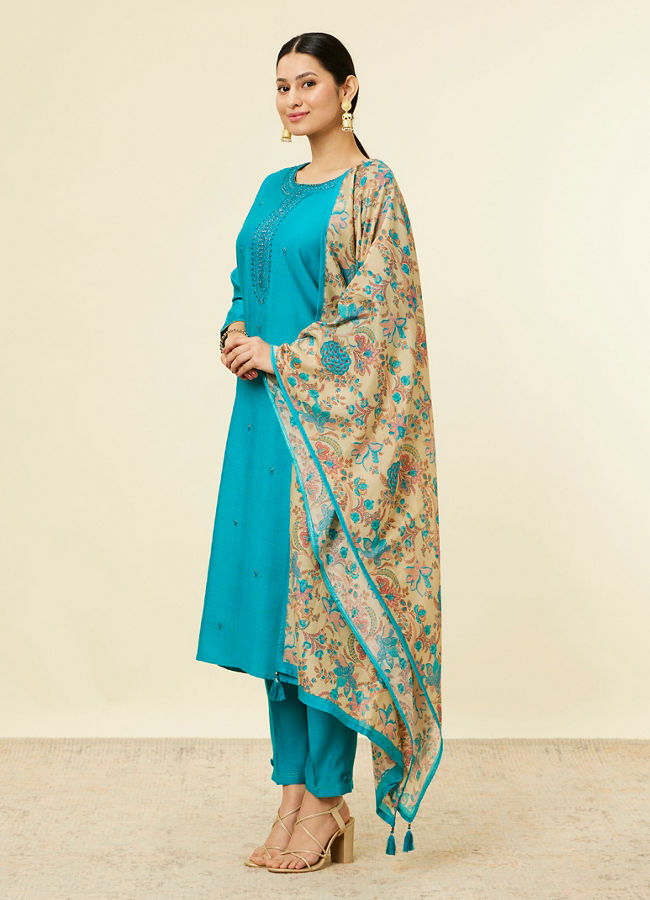 Mohey Women Teal Blue Bel Buti Patterned Stitched Suit