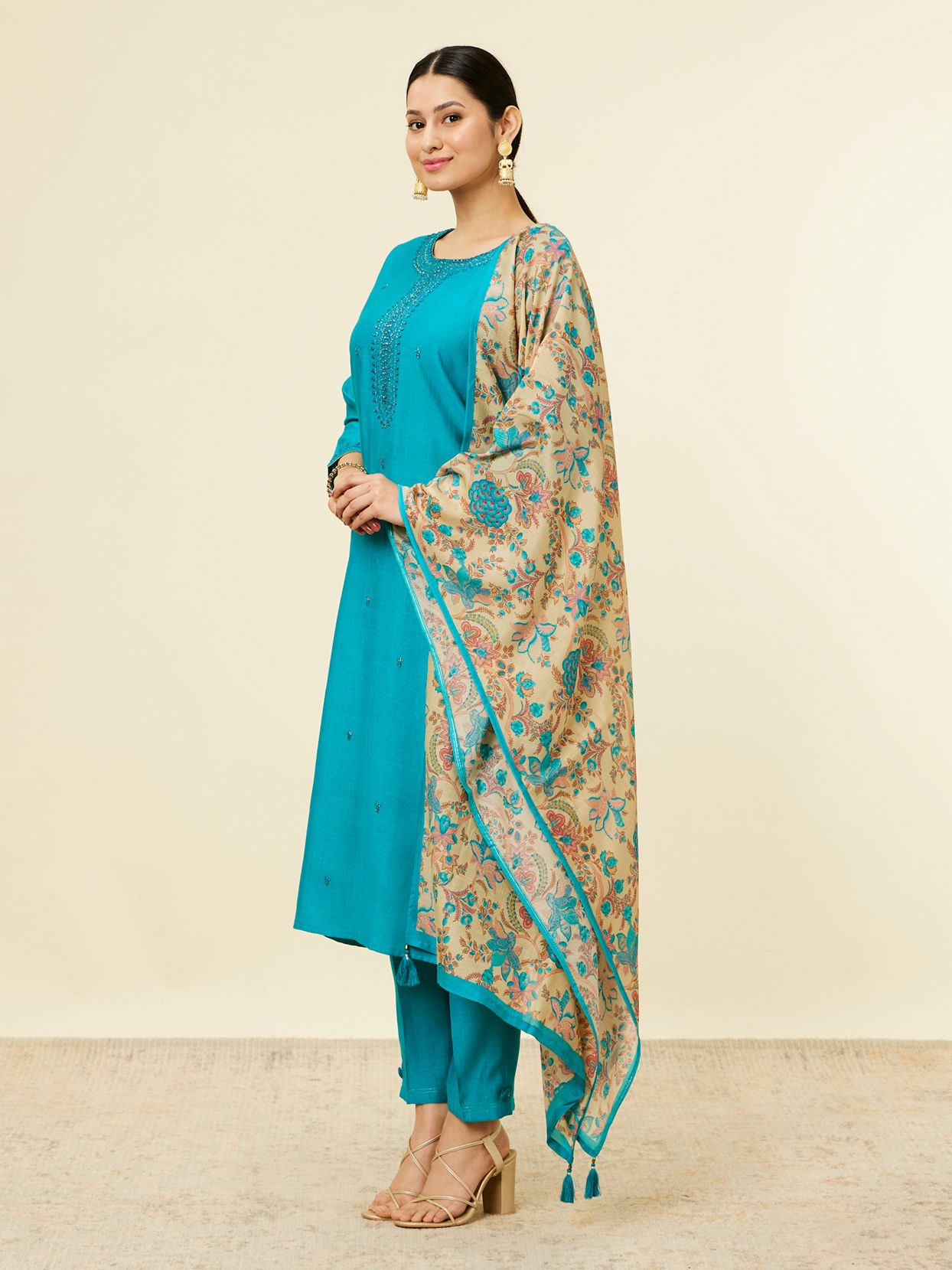 Buy Teal Blue Bel Buti Patterned Stitched Suit Online in the USA @Mohey ...