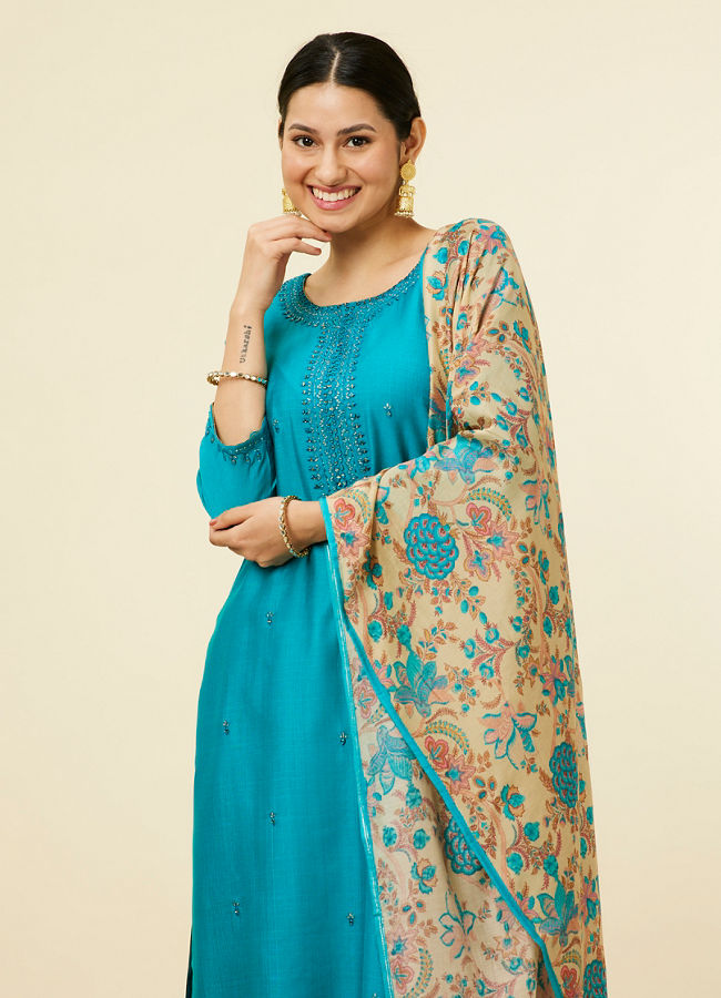 alt message - Mohey Women Teal Blue Bel Buti Patterned Stitched Suit image number 1