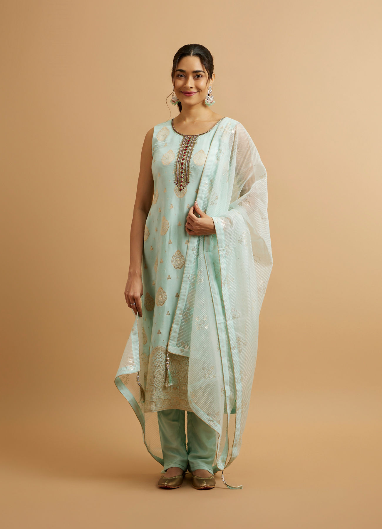 Mohey Women Blue Viscose Straight Suit with Zardosi Work
