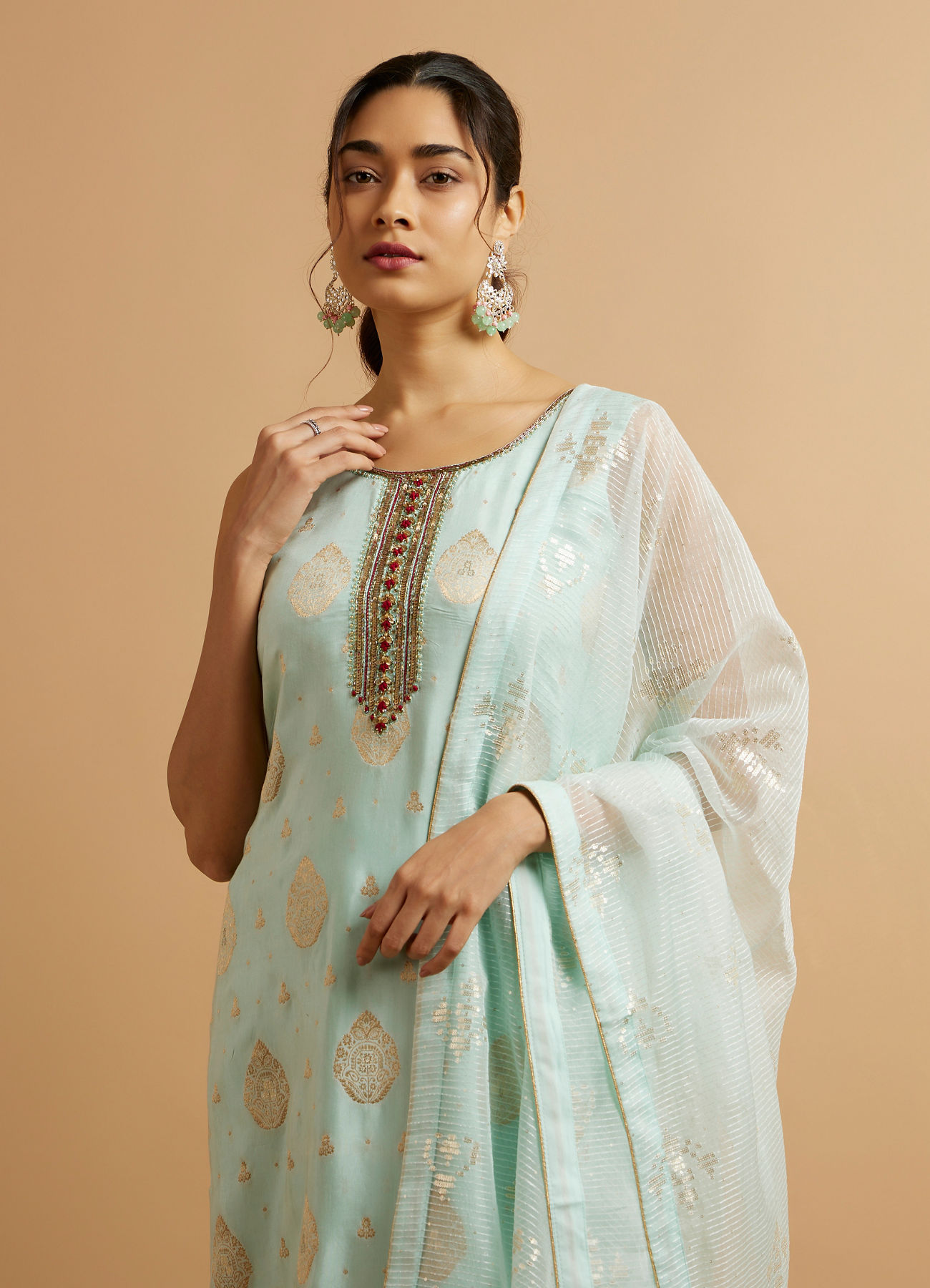 Mohey Women Blue Viscose Straight Suit with Zardosi Work