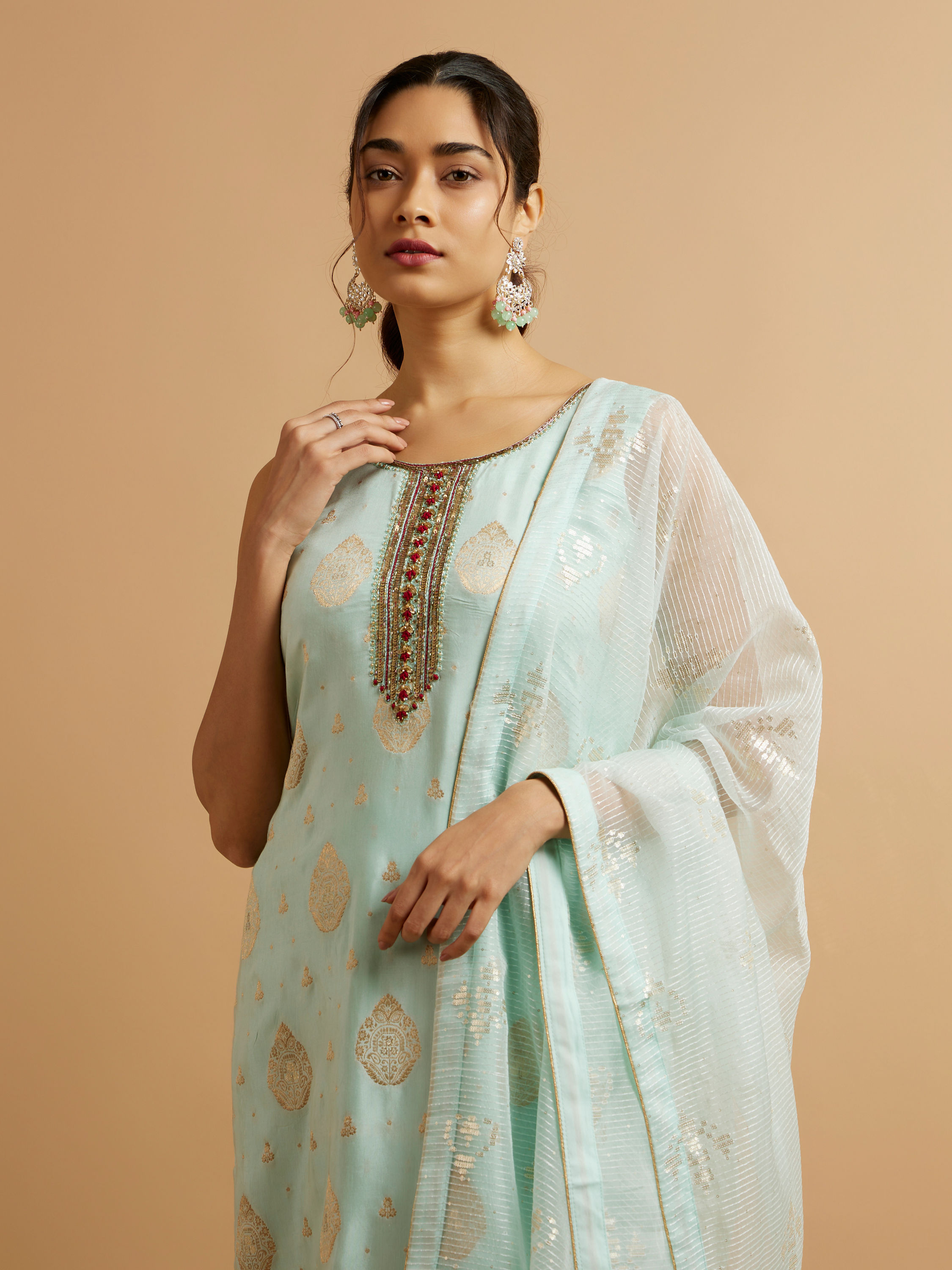 Mohey Women Blue Viscose Straight Suit with Zardosi Work