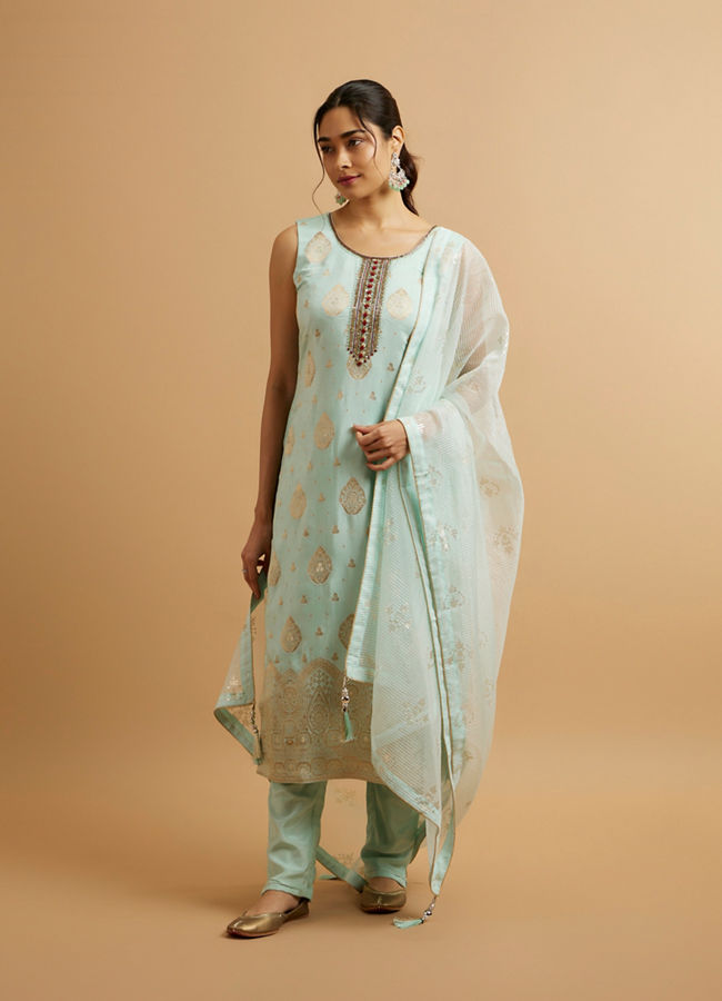 Mohey Women Blue Viscose Straight Suit with Zardosi Work