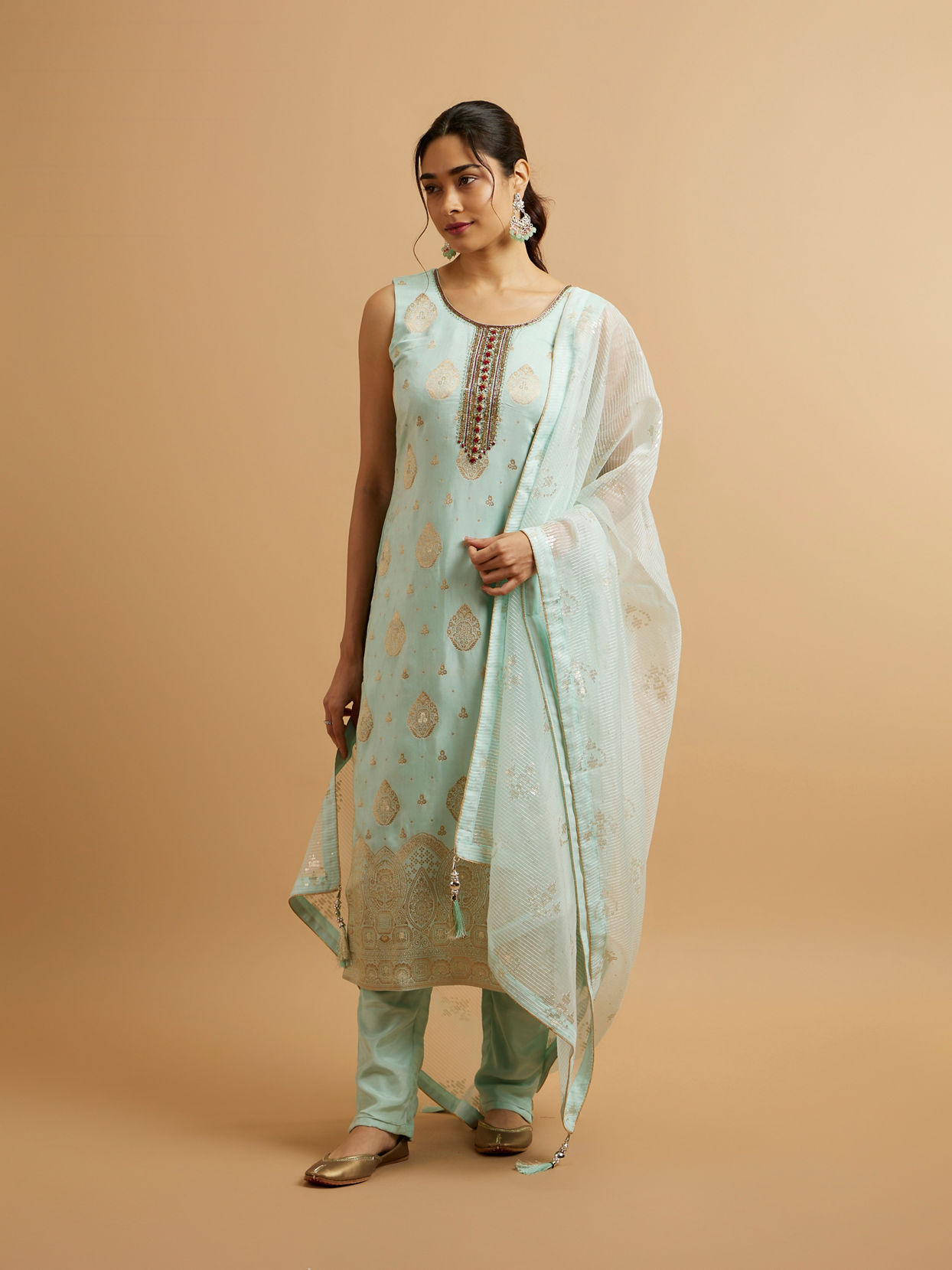 Mohey Women Blue Viscose Straight Suit with Zardosi Work