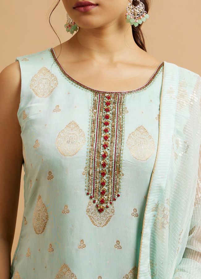 Mohey Women Blue Viscose Straight Suit with Zardosi Work