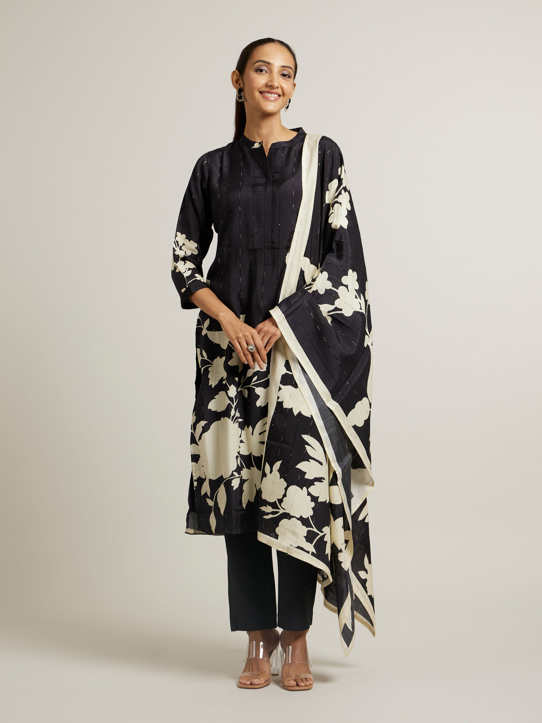 Mohey Women Ebony Black Floral Printed Stitched Suit