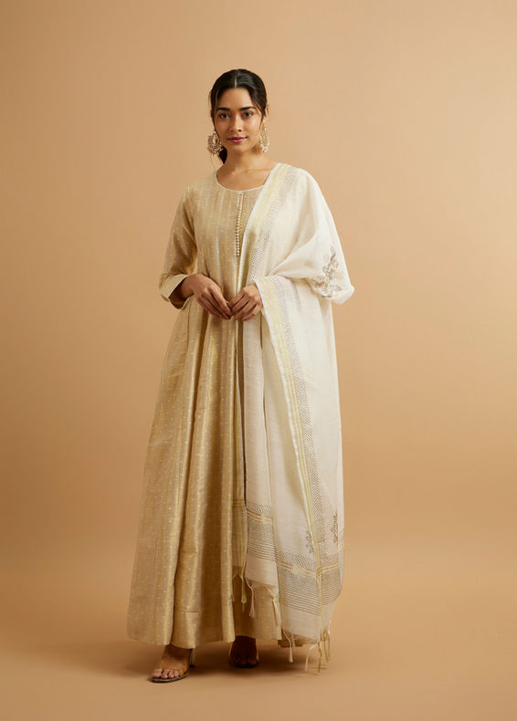 Mohey Women Beige Art Silk Anarkali Suit with Weave