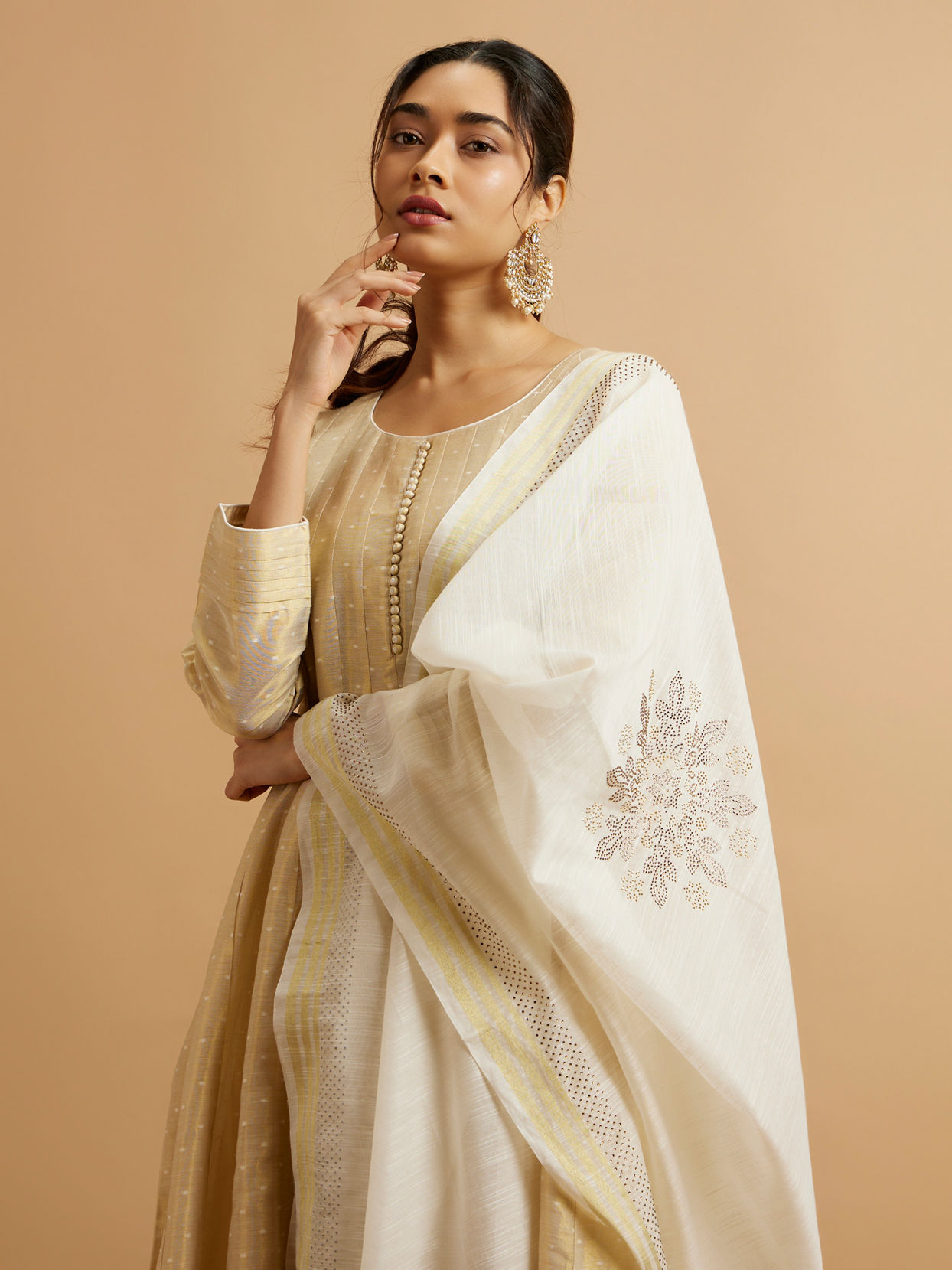 Mohey Women Beige Anarkali Suit with Weave